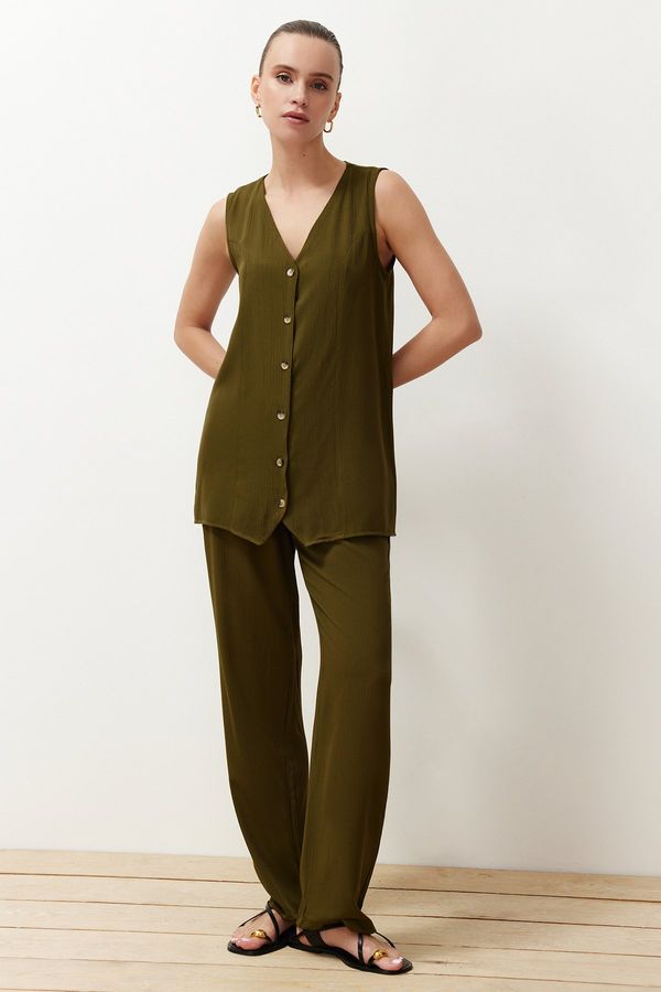 Trendyol Trendyol Khaki Buttoned V-Neck Wide Cut Vest Trousers Woven Bottom-Top Suit