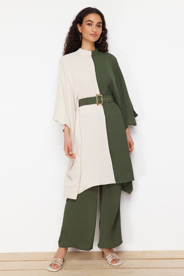 Trendyol Trendyol Khaki Color Block Waist Belted Tunic-Pants Woven Suit