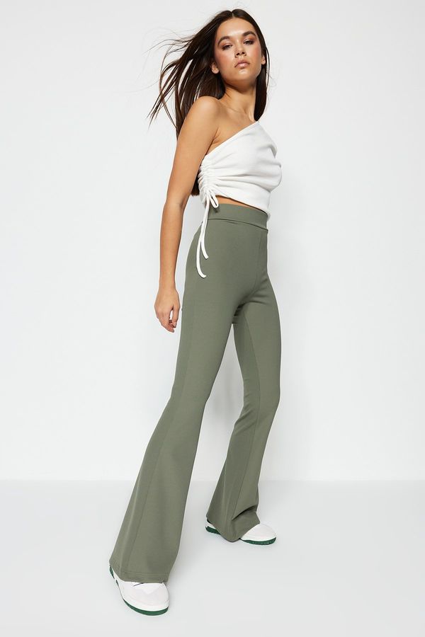 Trendyol Trendyol Khaki Corduroy Flare/Flare-Up High Waist, pletene legice, hlače, hlače, hlače