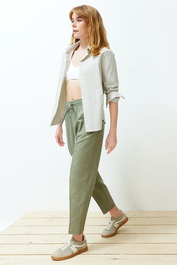 Trendyol Trendyol Khaki Elastic Waist Pull On Linen Blend Woven Trousers