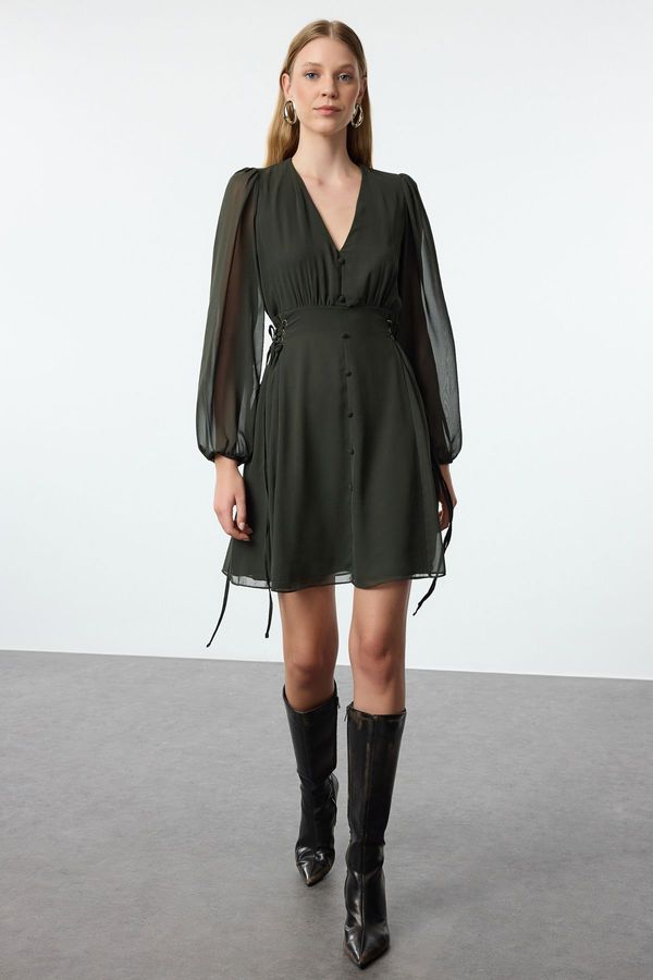 Trendyol Trendyol Khaki Eyelet Detailed Buttoned Lined Chiffon Woven Dress