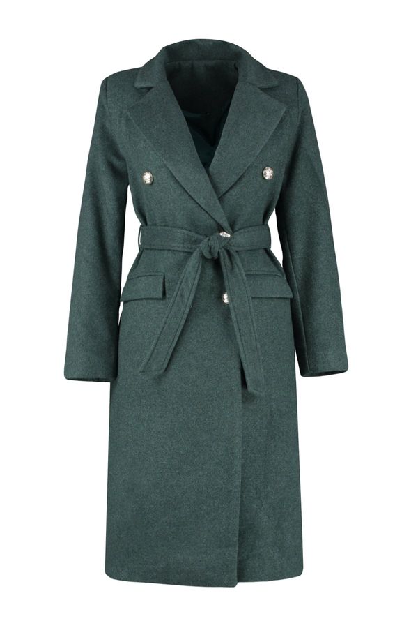 Trendyol Trendyol Khaki Fitted Belted Gold Buttoned Long Wool Cashmere Coat