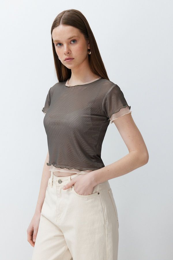 Trendyol Trendyol Khaki Fitted Short Sleeve Double Layer Knitted Blouse