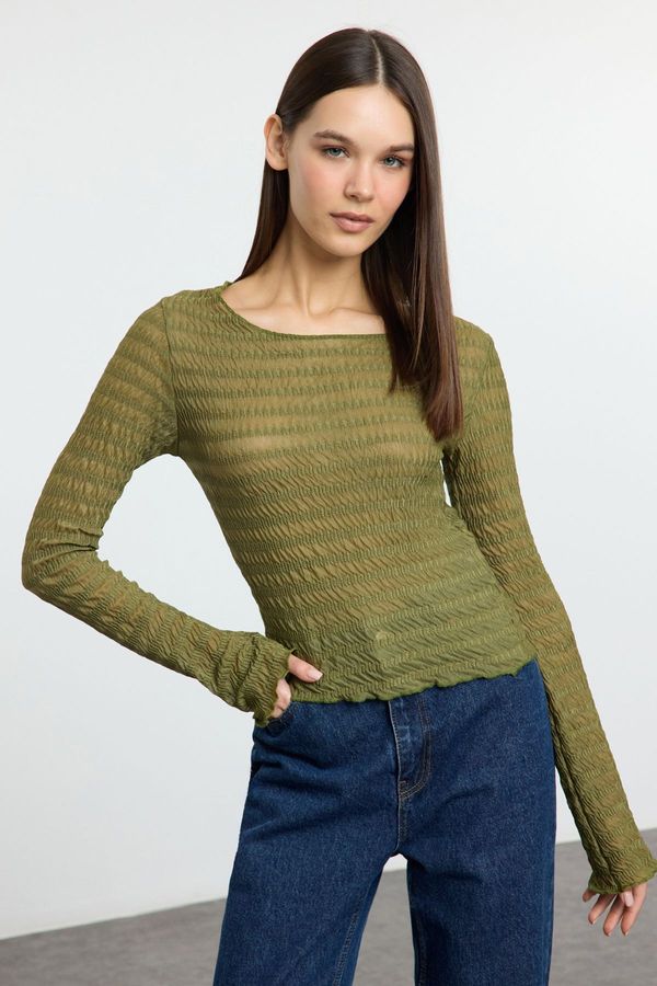 Trendyol Trendyol Khaki Fitted/Body-Smoothing Textured Tulle Flexible Knit Blouse