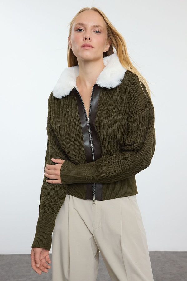 Trendyol Trendyol Khaki Für Leather Detailed Coat Knitwear Cardigan