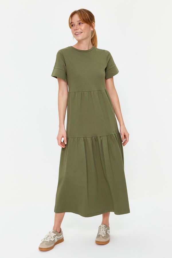 Trendyol Trendyol Khaki Gathered Skirt Ruffled Maxi Short Sleeve Crew Neck Knitted Dress