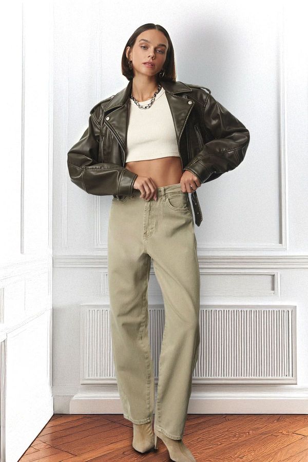 Trendyol Trendyol Khaki High Waist Skater Baggy Jeans