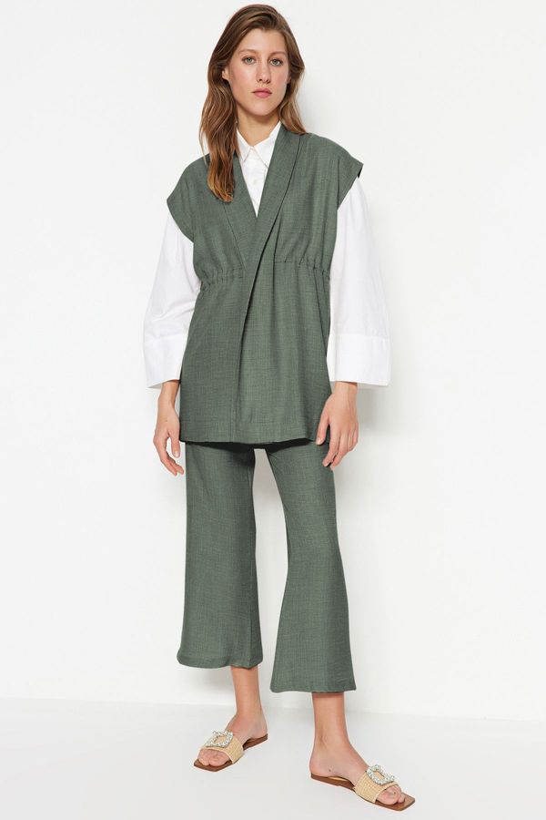 Trendyol Trendyol Khaki Internally Tied Linen Look Kimono-Pants Woven Set
