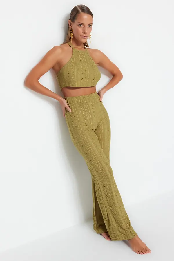 Trendyol Trendyol Khaki Knitted Textured Crop Blouse Trousers Beach Set