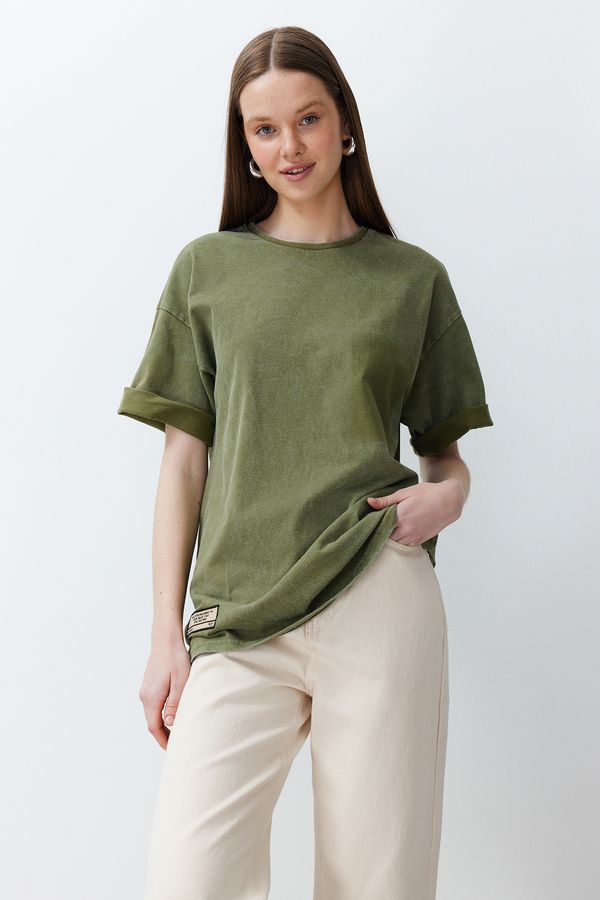 Trendyol Trendyol Khaki Label Detailed Antique/Pale Effect Oversize/Wide Cut Cotton Knitted T-Shirt