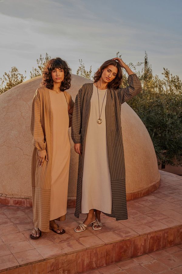 Trendyol Trendyol Khaki Long Linen Look Striped Woven Cape & Abaya & Abaya