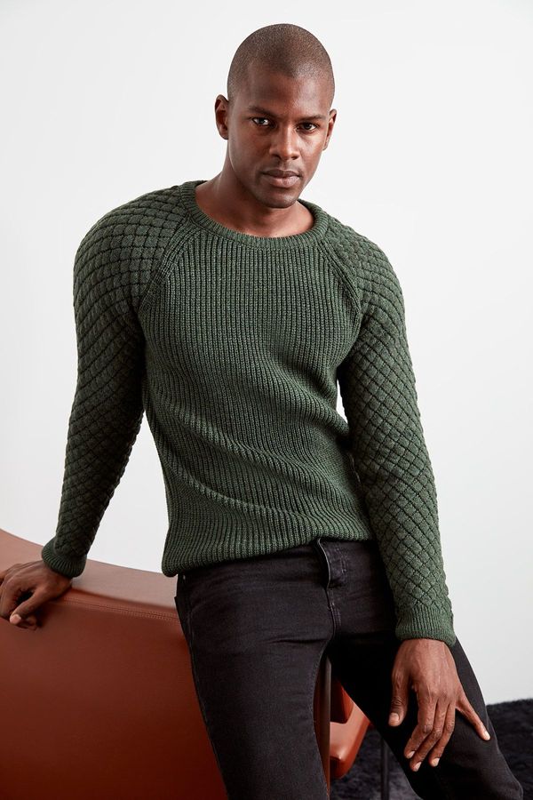 Trendyol Trendyol Khaki Men's Crewneck Textured Sweater