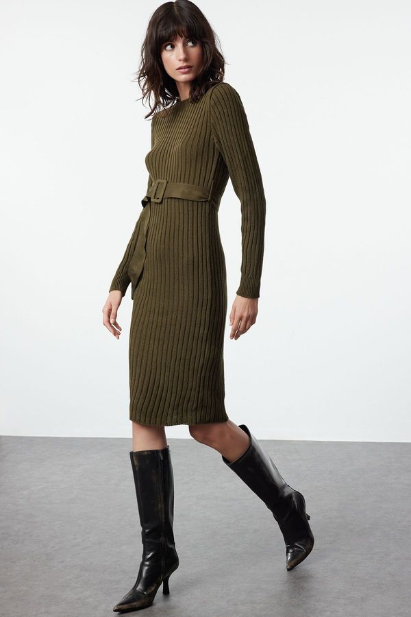 Trendyol Trendyol Khaki Mini Knitted Belted Dress