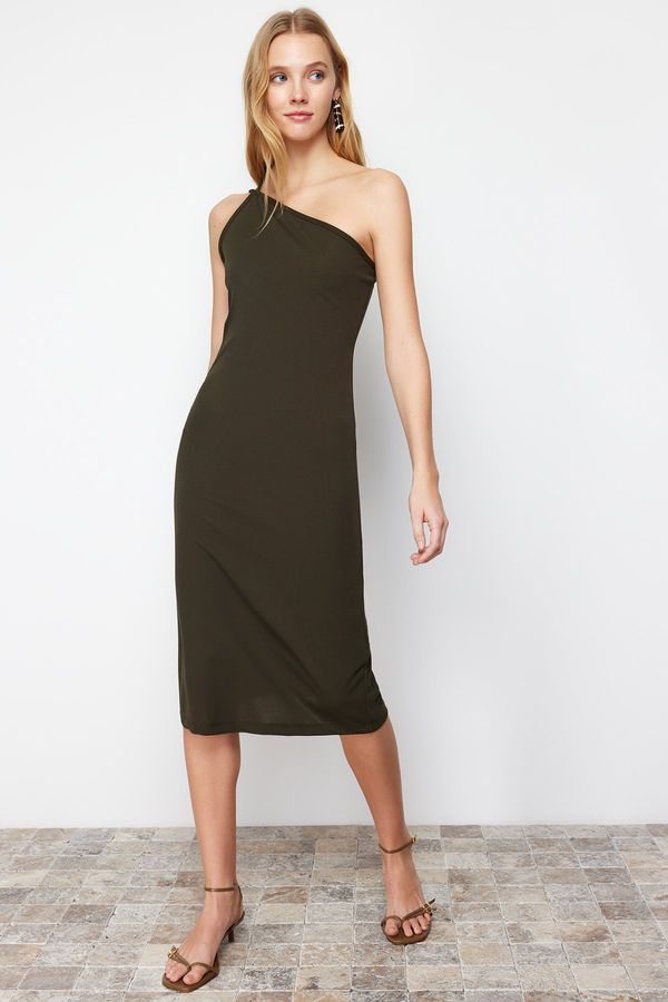 Trendyol Trendyol Khaki One Shoulder A-Line/A-Line Form Midi Smart Crepe Strap Knitted Dress