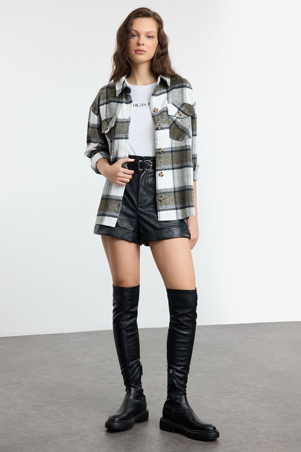 Trendyol Trendyol Khaki Oversized Flannel Plaid Shirt