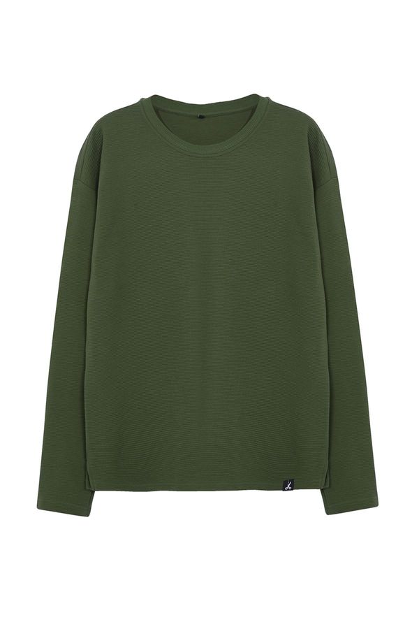 Trendyol Trendyol Khaki Oversize/Wide Cut Limited Edition 100% Cotton Sweatshirt with Textured Label