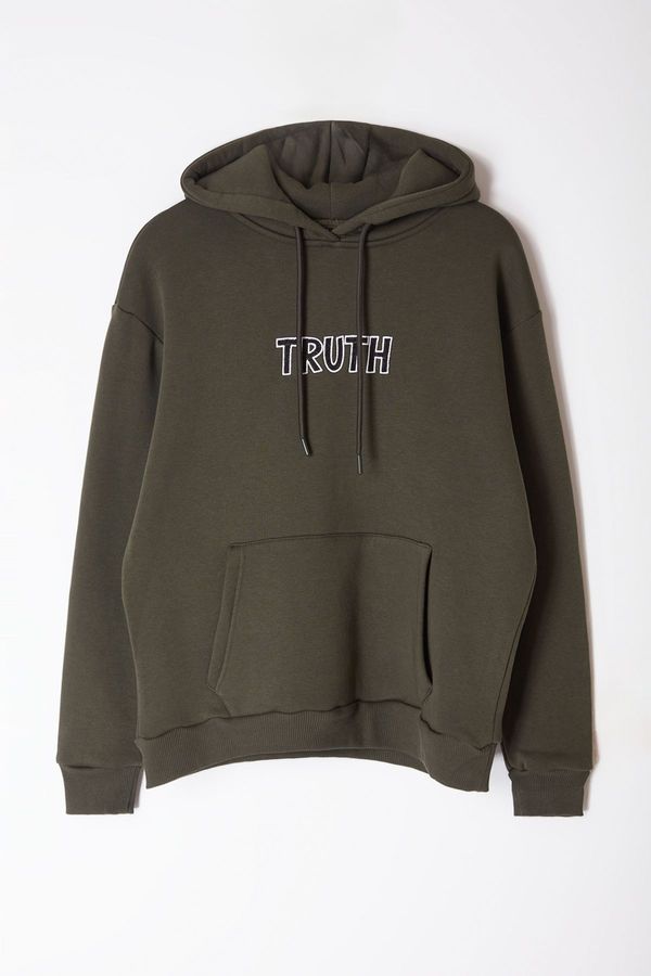 Trendyol Trendyol Khaki Oversize/Wide Cut Text Embroidered Hooded Fleece/Warm Sweatshirt