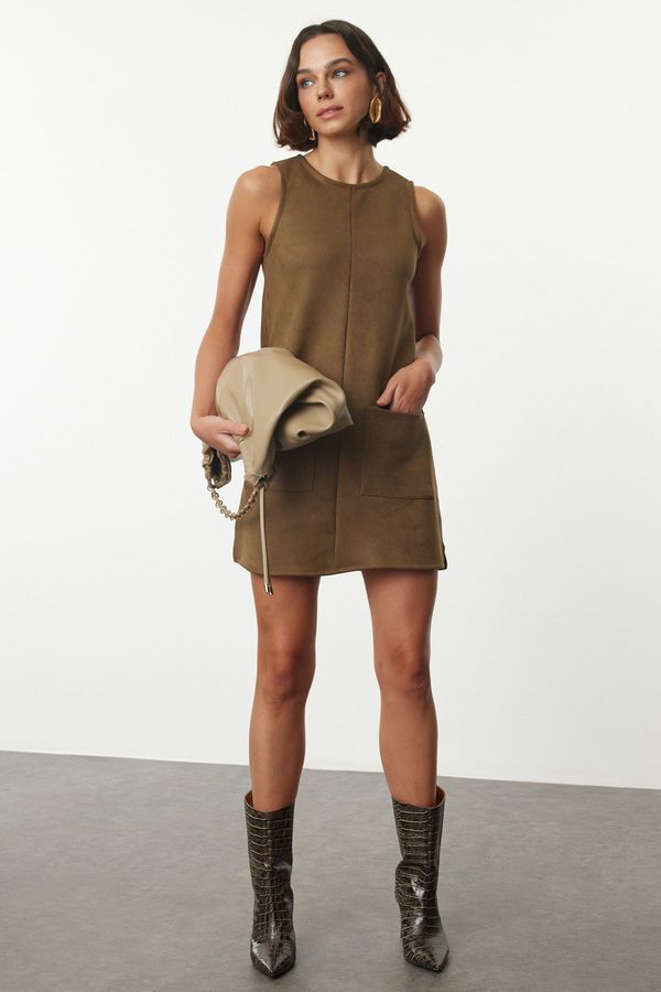 Trendyol Trendyol Khaki Plain Pocket Detailed Mini A line/Bell Cut Mini Knitted Dress