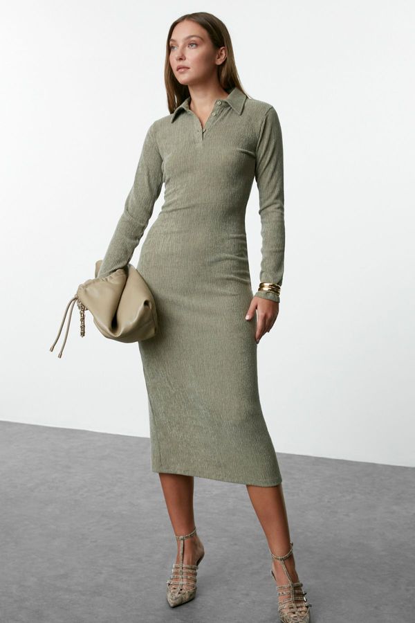 Trendyol Trendyol Khaki Plain Polo Neck Bodycone/Fitting Textured Button Detailed Knitted Dress