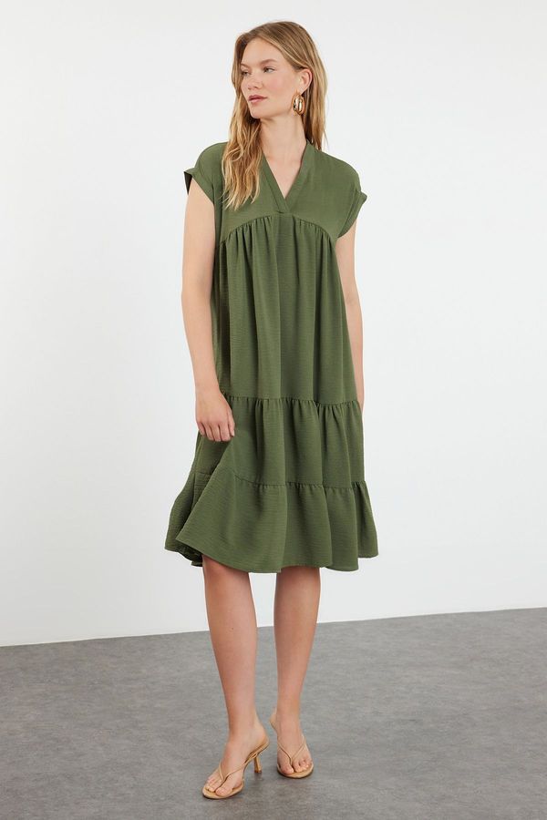 Trendyol Trendyol Khaki Plain Wide Cut V-Neck Skirt Flounced Aerobin Woven Dress