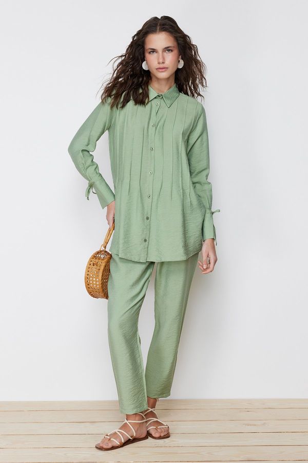 Trendyol Trendyol Khaki Pleat Detailed Woven Linen Look Shirt Trousers Bottom Top Suit