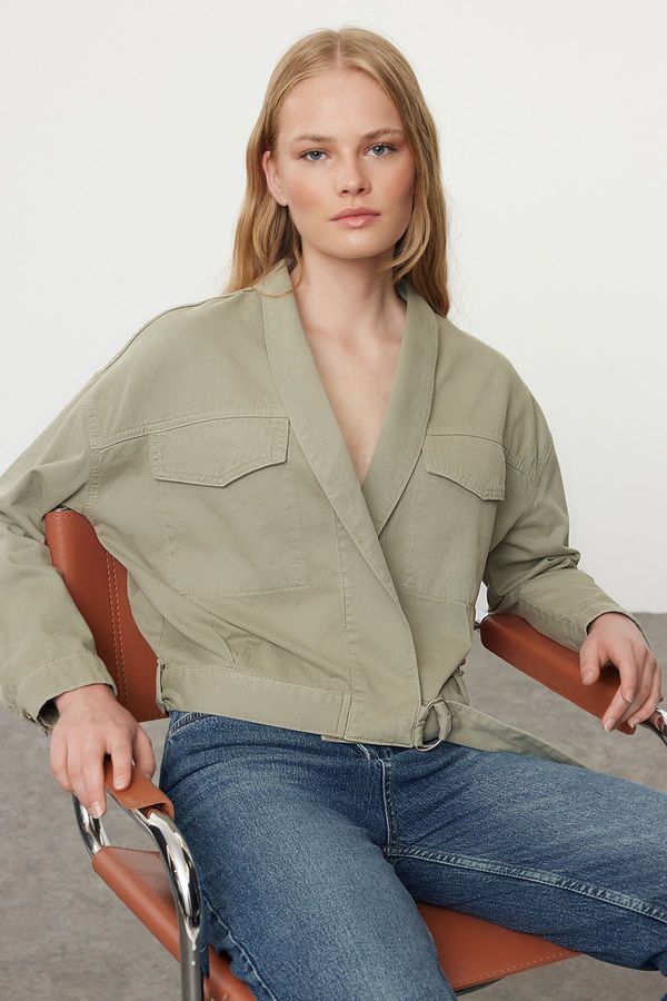 Trendyol Trendyol Khaki Pocket Detailed Belted Oversize Denim Jacket