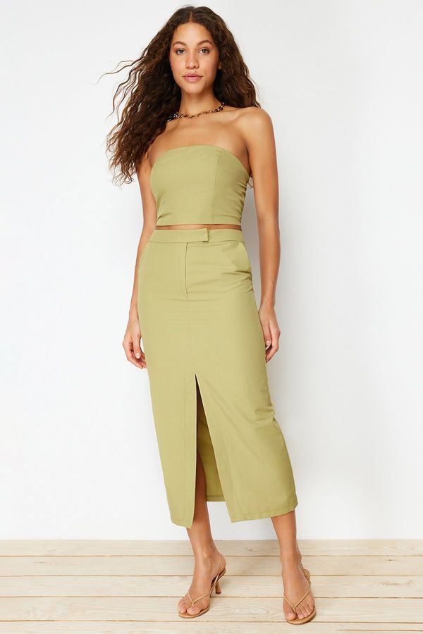 Trendyol Trendyol Khaki Premium Straight Midi Length Knitted Skirt With Front Slit