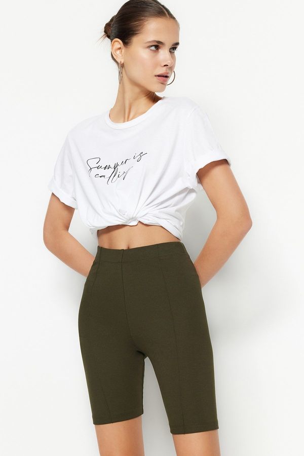 Trendyol Trendyol Khaki rebrasti kolesar High Waist Interlock pletene legice