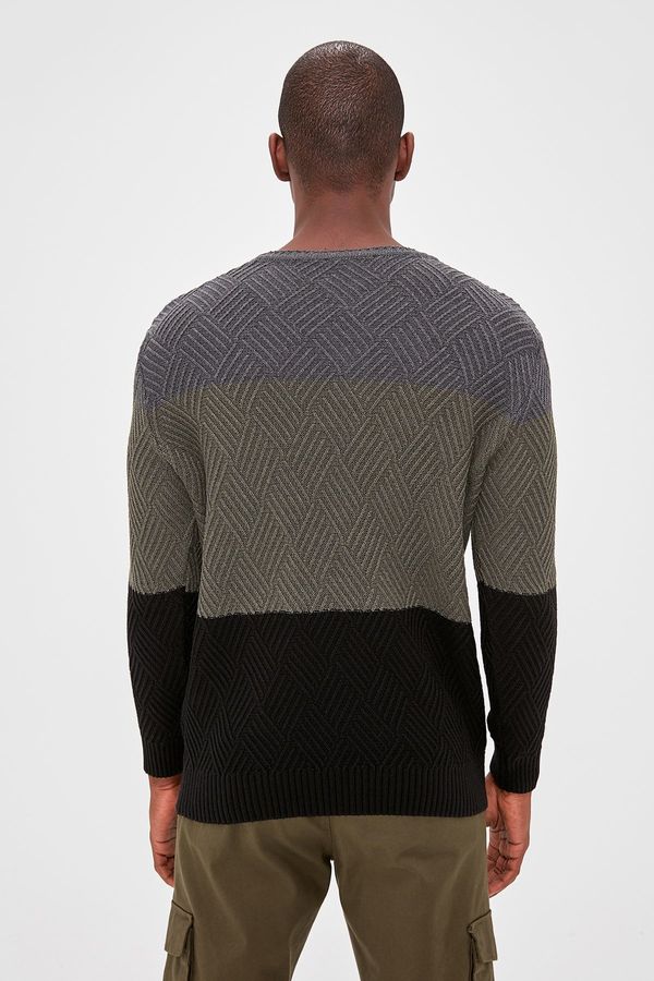 Trendyol Trendyol Khaki Regular Crew Neck Color Block Knitwear Sweater