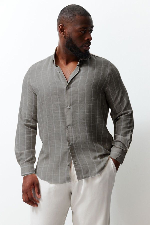 Trendyol Trendyol Khaki Regular Fit Comfortable Buttoned Collar Striped Plus Size Shirt