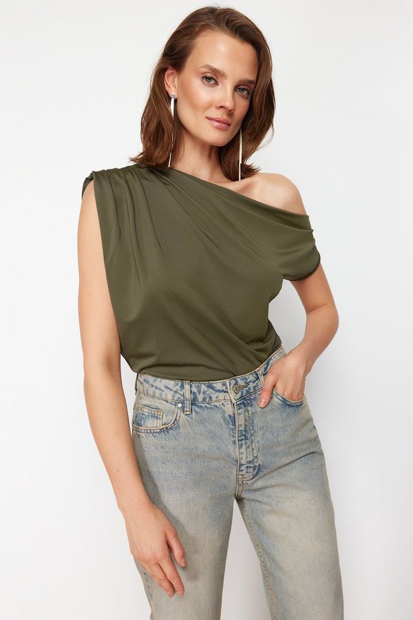 Trendyol Trendyol Khaki Regular/Normal Fit Asymmetric Collar Zero Sleeve Stretch Knitted Blouse