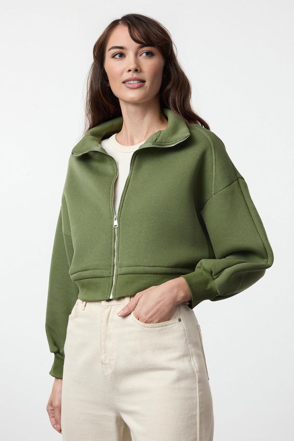 Trendyol Trendyol Khaki Regular/Normal Pattern Zippered Thick Inside Fleece Knitted Sweatshirt