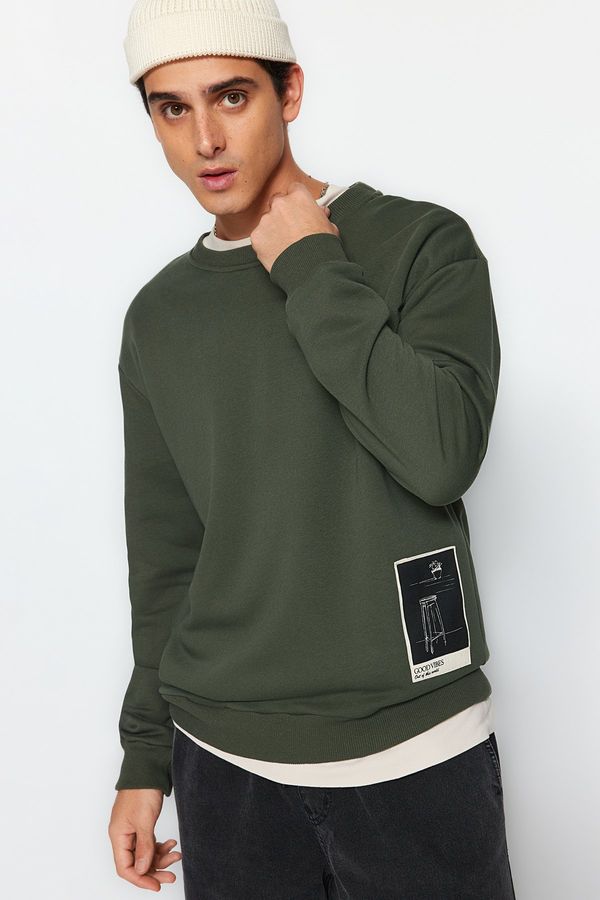 Trendyol Trendyol Khaki Relaxed Art Theme Appliqué Cotton Sweatshirt