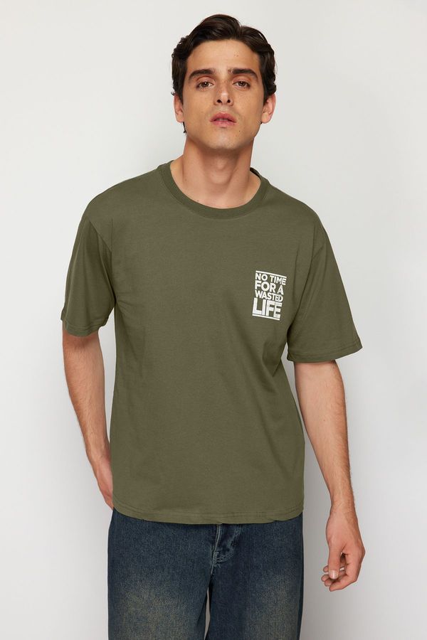Trendyol Trendyol Khaki Relaxed/Casual Cut Crew Neck Text Printed T-Shirt