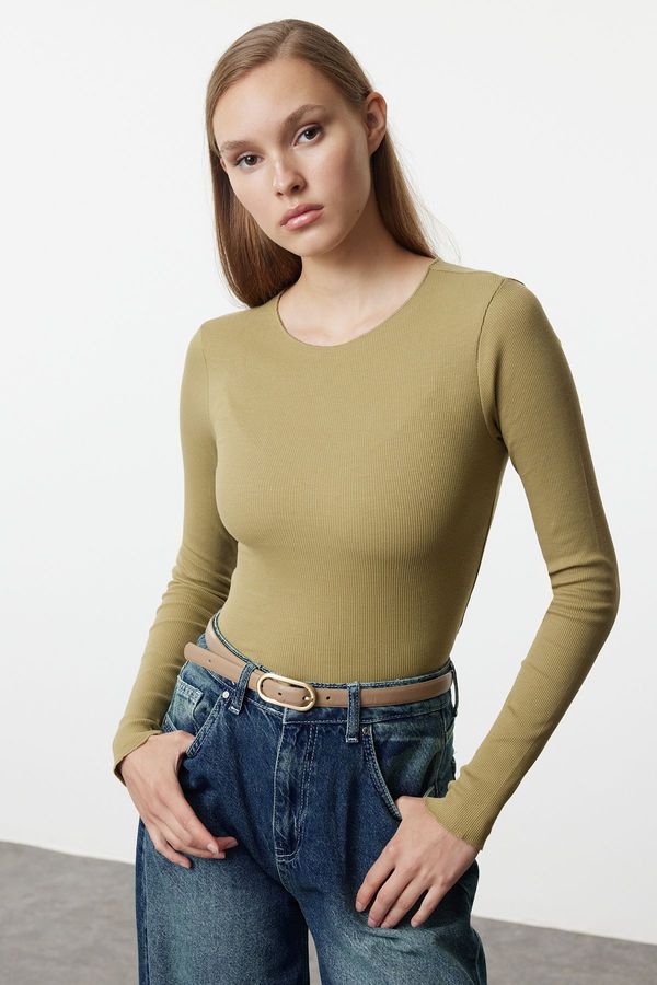 Trendyol Trendyol Khaki Ribbed Crew Neck Fitted Cotton Stretchy Knitted Blouse