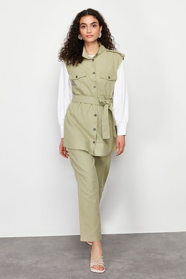 Trendyol Trendyol Khaki Safari Pocket Detailed Gabardine Vest Trousers Bottom Top Set