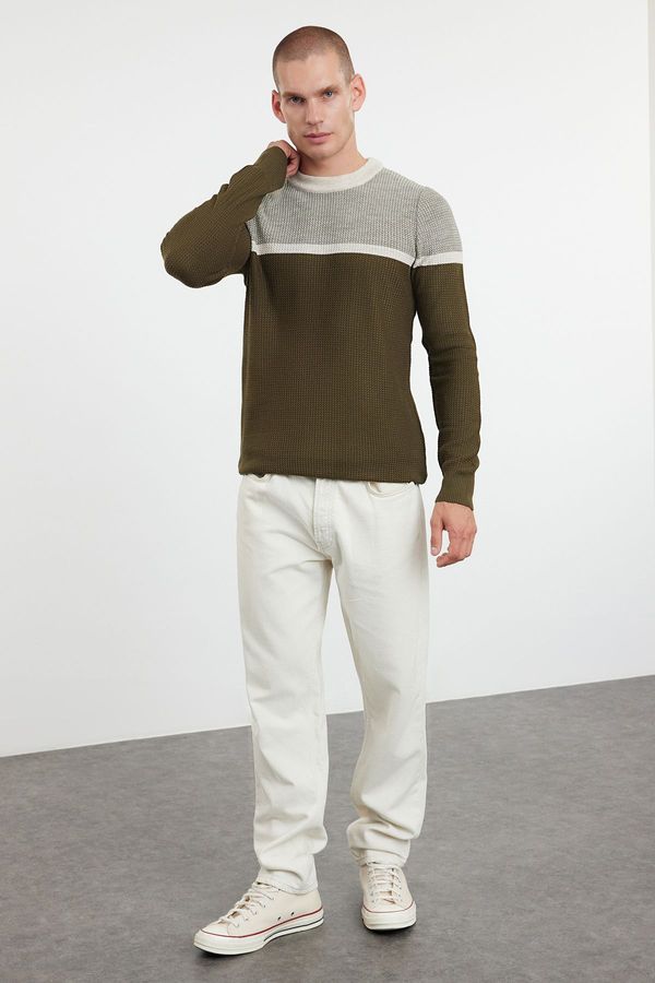 Trendyol Trendyol Khaki Slim Fit Crew Neck Color Block Knitwear Sweater