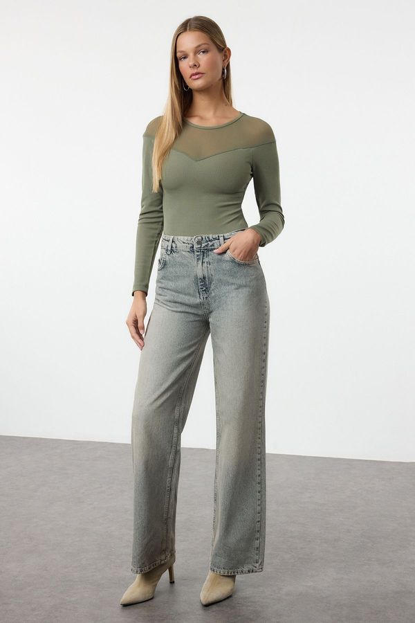 Trendyol Trendyol Khaki Slim Tulle Detailed Sweetheart Neckline Ribbed Flexible Knitted Bodysuit