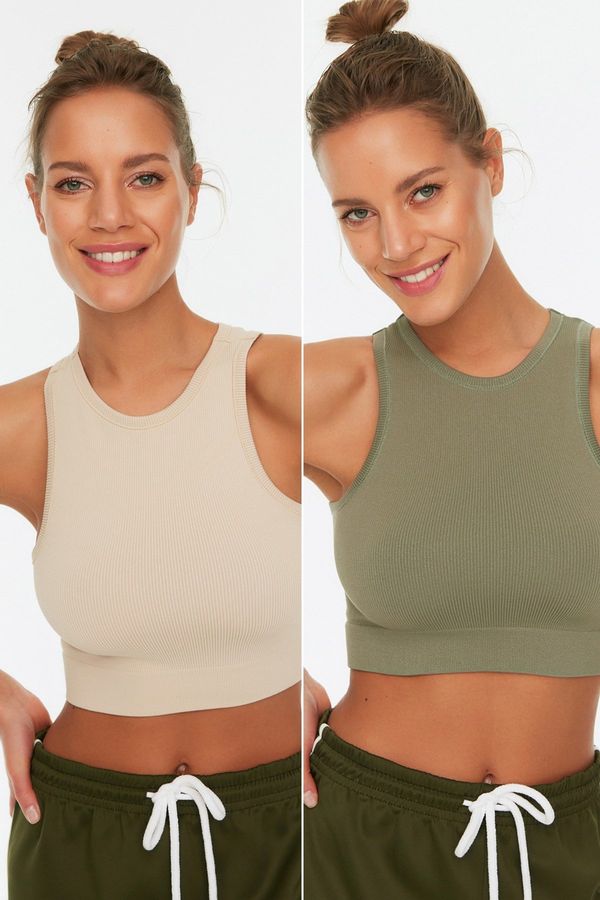 Trendyol Trendyol Khaki-Stone 2-Piece Seamless/Seamless Light Support/Shaping Knitted Sports Bra