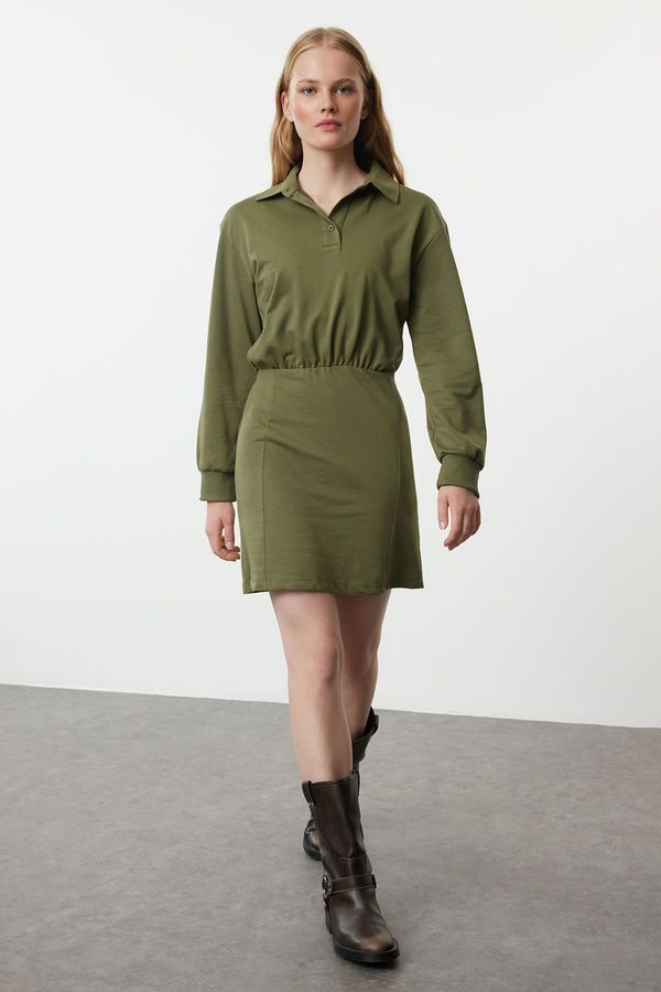 Trendyol Trendyol Khaki Straight Polo Neck Fitted Mini Knitted Dress