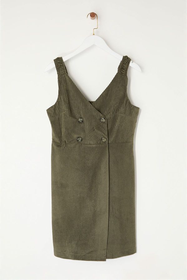 Trendyol Trendyol Khaki Straped Vest Velvet Mini Woven Dress