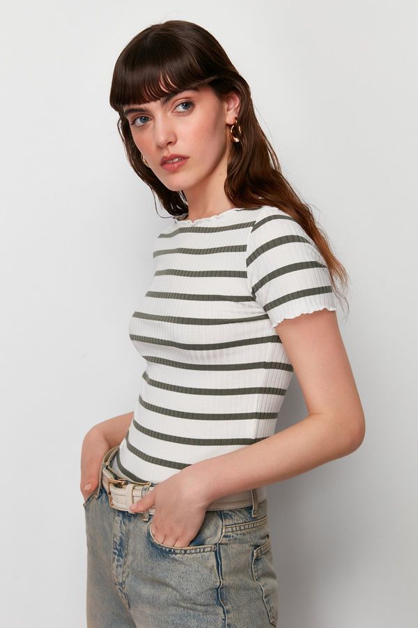 Trendyol Trendyol Khaki Striped Boat Rock Short Sleeve Regular/Normal Cut Ribbed Stretch Knitted Blouse