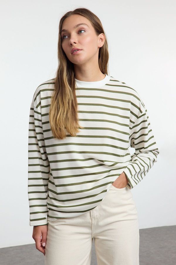 Trendyol Trendyol Khaki Striped Oversize/Wide Cut Crew Neck Thin Knitted Sweatshirt