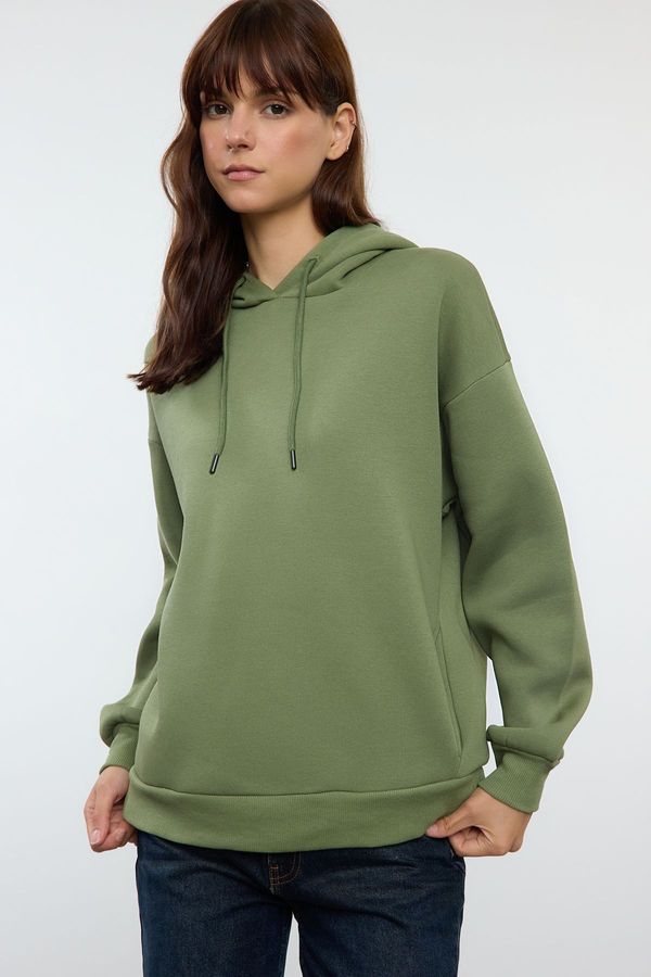 Trendyol Trendyol Khaki Thick Inside Fleece Pocket Detailed Hooded Regular/Normal Fit Knitted Sweatshirt