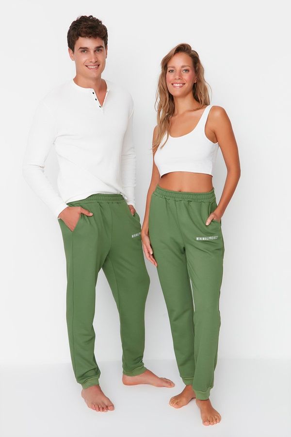 Trendyol Trendyol Khaki Unisex Regular/Normal Cut Potiskane pletene elastične noge Debele bombažne trenirke