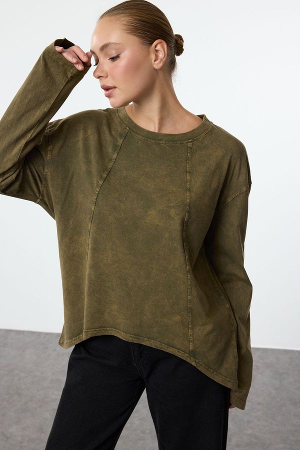 Trendyol Trendyol Khaki Washed/Faded Effect Sewing Detailed Asymmetrical Crew Neck Knitted T-Shirt