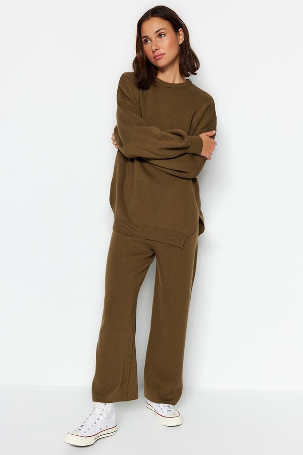 Trendyol Trendyol Khaki Wide Fit Balloon Sleeves Knitwear Top and Bottom Set