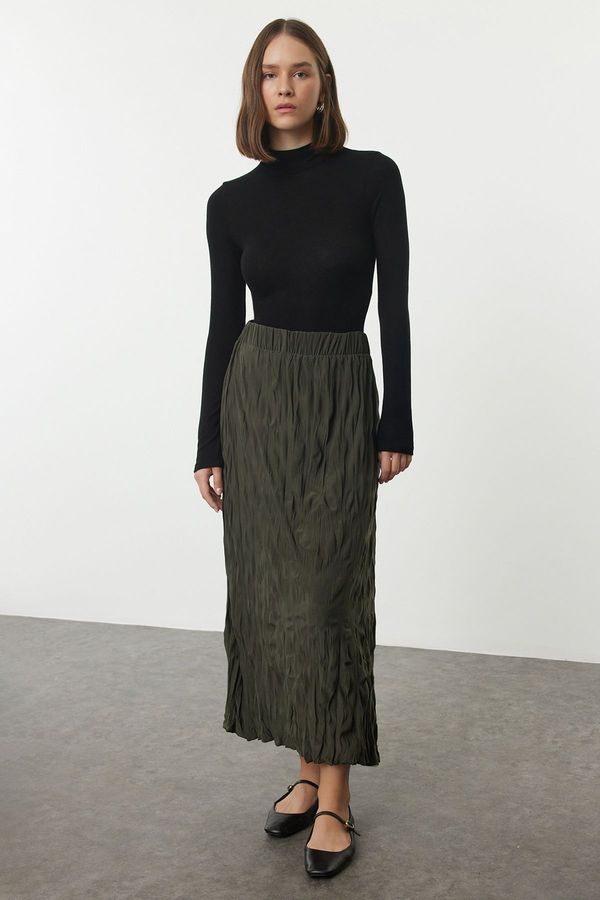 Trendyol Trendyol Khaki Wrinkled Pleat Detailed Maxi Flexible Knitted Skirt