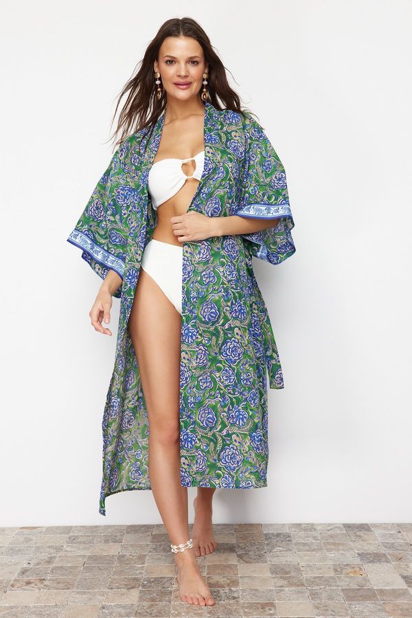 Trendyol Trendyol Kimono & Kaftan with Floral Pattern Belted Maxi Woven Ribbon Accessory