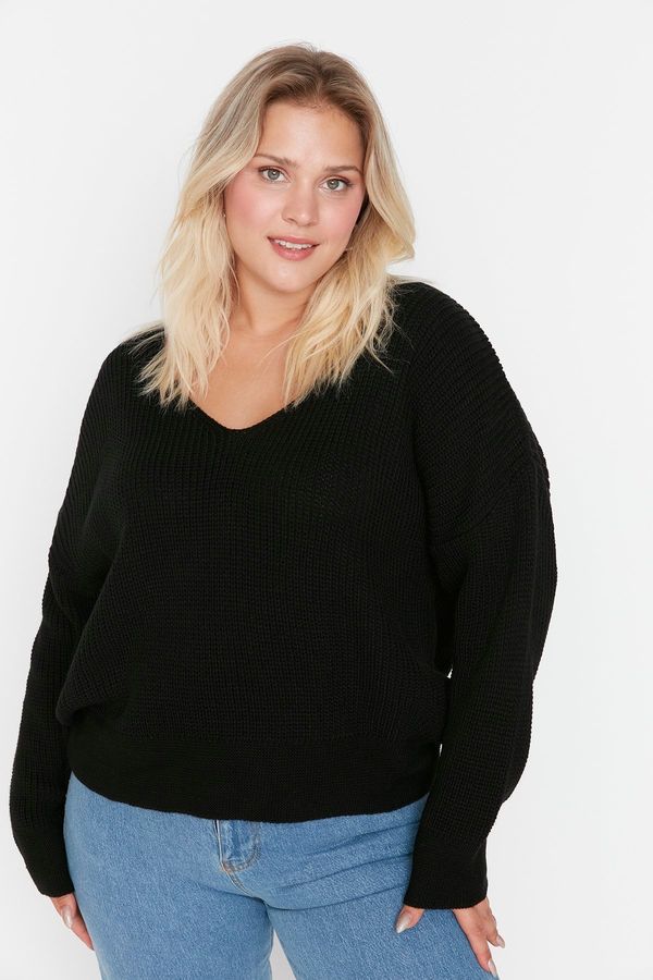 Trendyol Trendyol krivulja Črni V-vrat z ramenskega pletenine pulover